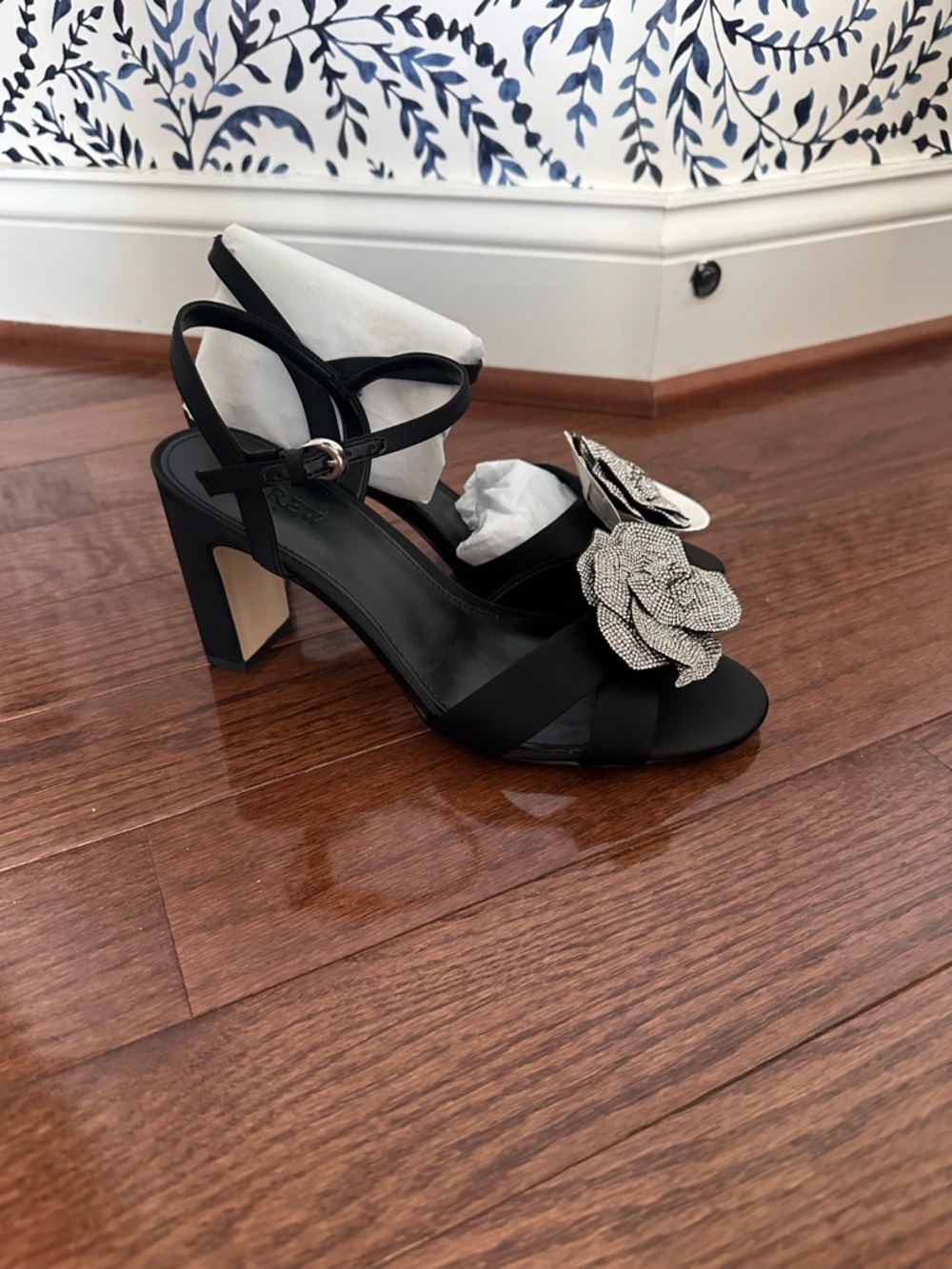 J. Crew Black Strappy Heeled Sandals with Crystal Floral Accent 9